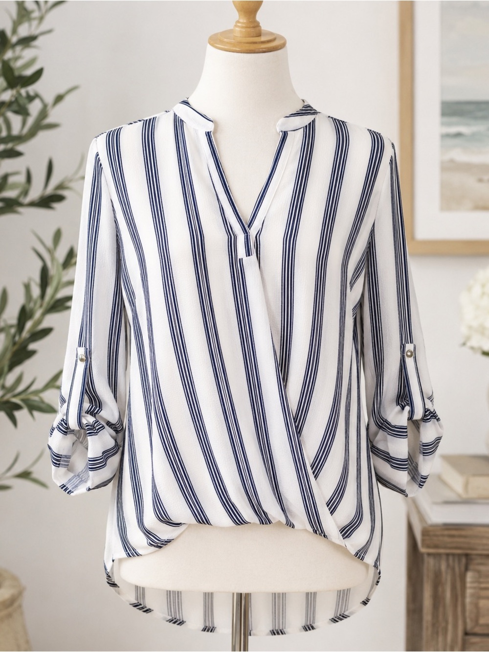 🌊 Always Indigo Coastal Chic Striped Faux Wrap Blouse Size Medium Quiet Luxury - Picture 2 of 11